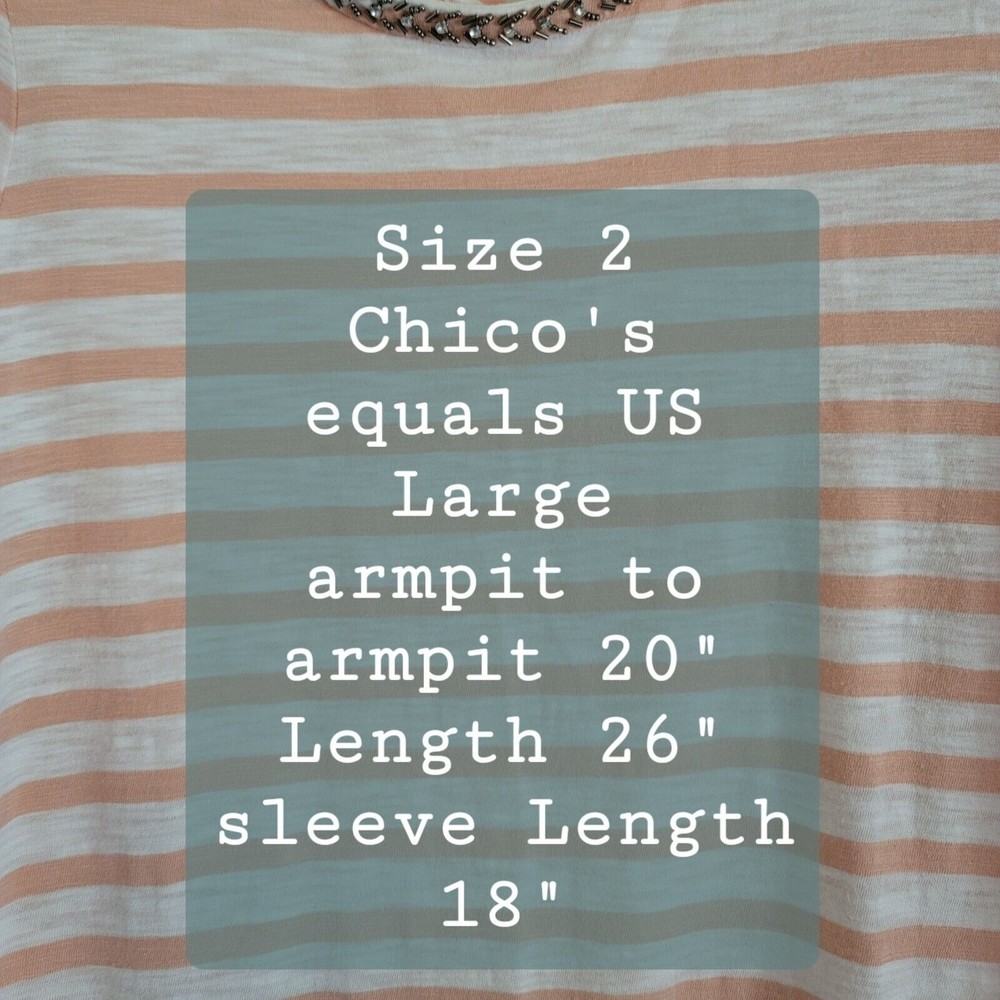 Chicos Womens 3/4 Sleeve Beaded Stripe Nautical Top Sz L Pink Tie Neck Casual - Picture 13 of 13